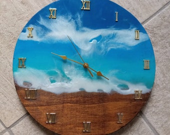 Horloge murale en bois et résine effet mer, diamètre 36 cm, cadeau parfait pour les amoureux de l’océan, décoration murale