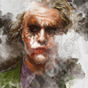 Puede incluir: Una pintura de acuarela del Joker de la película The Dark Knight. El Joker está representado con una chaqueta verde, una camisa morada y una cara blanca con lápiz labial rojo y cabello verde. El fondo es un lavado de acuarela borroso de negro y gris.