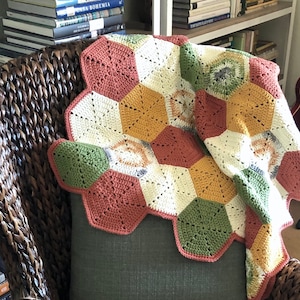 Happy Hexagons Modern Throw / Lap Blanket - Rust, Fern Green and Gold Variegated Cotton Crocheted Afghan