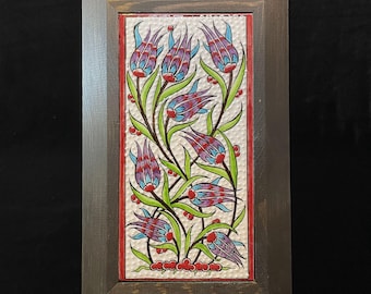 Hand-Painted Turkish Ceramic Tile Wall Art with Wooden Frame (8”x4”)