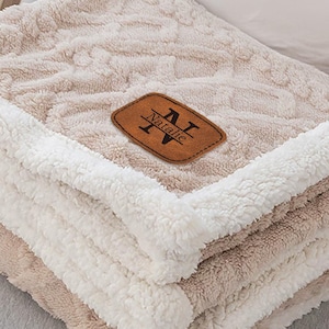 Personalized Sherpa Blanket, Engraved Monogram Leather Patch Cozy Sherpa Soft Textured Home Decor, Wedding Gift Housewarming Gift For Couple