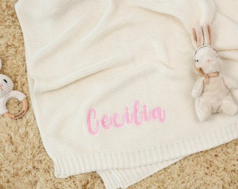 Embroidered Name Baby Blanket, Custom Knit Blanket for Baby, Stroller Blanket, Newborn Baby Gift,Soft Breathable Cotton Knit,Nursery Blanket