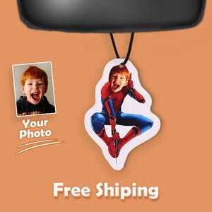 Custom Face Superhero Air Freshener, Personalised Spiderman Car Air Freshener, Funny Meme Gift Hanging Ornament Air Freshener for Car Decor