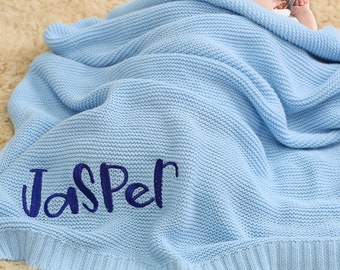 Personalized Knit Baby Blanket,Name Baby Receiving Blanket,Monogrammed Stroller Blanket for Girl/Boy,Baby shower gift,Breathable Cotton Knit