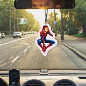 Custom Your Face on Superhero Air Freshener, Spiderman Car Air Freshener, Funny Meme Gift Hanging Ornament Air Freshener for Car Decor