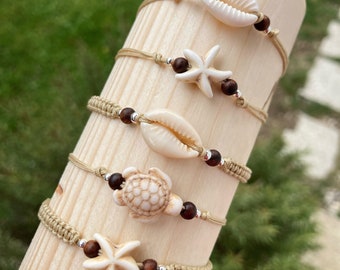 Macrame bracelet starfish, cowrie shell, turtle, 925 sterling silver beads, Padauk beads