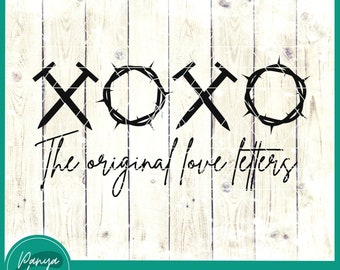 May include: Black and white graphic design of the letters XOXO with a crown of thorns around the Os. The text below reads "The original love letters".