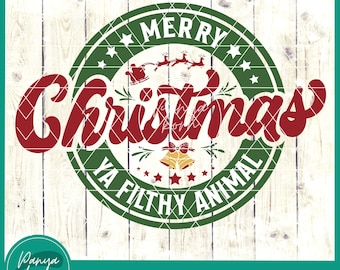 May include: Green and red Christmas themed circle with the text "Merry Christmas Ya Filthy Animal" and a red star in the center.