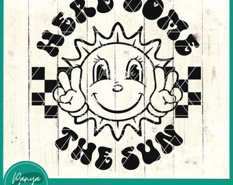 Aquí viene el sol SVG / Verano retro / Citas de verano Svg / Vida en la playa Svg / Citas del sol Svg / Vacaciones Svg / Vibraciones de playa Svg / Verano Svg