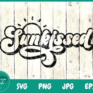 May include: Black and white graphic design featuring the text "Sun Kissed" in a stylised font. The design includes a sun with rays.