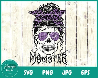 Momster SVG | Halloween Skull Mom | Messy Hair Bun Monster Svg | Skull Mom Halloween Svg | Halloween Svg