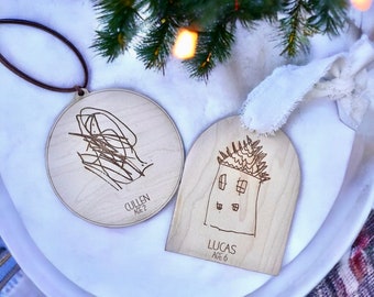 Kids Drawing Ornament, Keepsake Ornament, Handwriting Ornament, Wood Keepsake, Engraved Ornament, Grandparent Christmas Gift