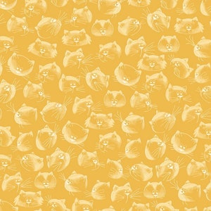 Könnte beinhalten: Ein nahtloses Muster aus weißen Katzenköpfen auf gelbem Hintergrund. Die Katzen sind in einem einfachen, cartoonartigen Stil gezeichnet.