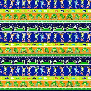 Könnte beinhalten: Ein nahtloses Muster mit grünen Fröschen, die an einem weißen Seil auf blauem Hintergrund hängen. Die Frösche wechseln sich ab, indem sie nach links und rechts schauen. Der Hintergrund ist mit grünen und gelben Streifen und weißen Punkten verziert.