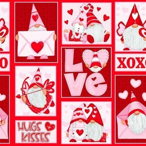 Könnte beinhalten: Ein roter und rosa Stoff zum Valentinstag mit Gnomen, Herzen und den Worten "Love", "Hugs & Kisses" und "XOX".