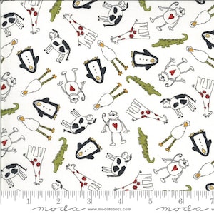 Könnte beinhalten: Weißer Stoff mit einem sich wiederholenden Muster aus schwarz-weißen Kühen, Pinguinen, Giraffen, Affen und Alligatoren. Die Tiere sind in einem einfachen, cartoonartigen Stil gezeichnet. Der Stoff ist perfekt zum Quilten, Nähen und Basteln.