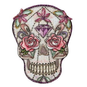 Totenkopf mit Blumen, Grusel, Horror, Bügelbild, Aufnäher, Applikation, Patches, Flicken