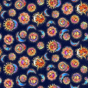 Könnte beinhalten: Ein marineblauer Hintergrund mit einem sich wiederholenden Muster aus bunten Sonnen und Monden. Die Sonnen und Monde sind stilisiert und haben einen skurrilen, volkstümlichen Stil. Das Muster ist perfekt für einen Stoff oder eine Tapete.