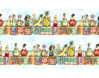 20,18/m, Stoff "Fruit Ladies", Bordüre, 5 Reihen 57cm, Frauen am Strand, Eis, Picknick, Ladies, Obst, Baumwollstoff, Patchworkstoff*