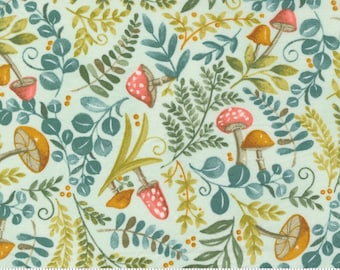 May include: A light blue fabric with a repeating pattern of mushrooms and leaves. The mushrooms are in shades of red, orange, and brown. The leaves are in shades of green and yellow.