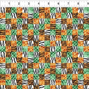 Könnte beinhalten: Ein Patchwork-Stoff mit einem sich wiederholenden Muster aus orangefarbenen, schwarzen, weißen und grünen Quadraten mit Tierdruck. Der Stoff zeigt einen Zebra-, Giraffen- und Tigerdruck.