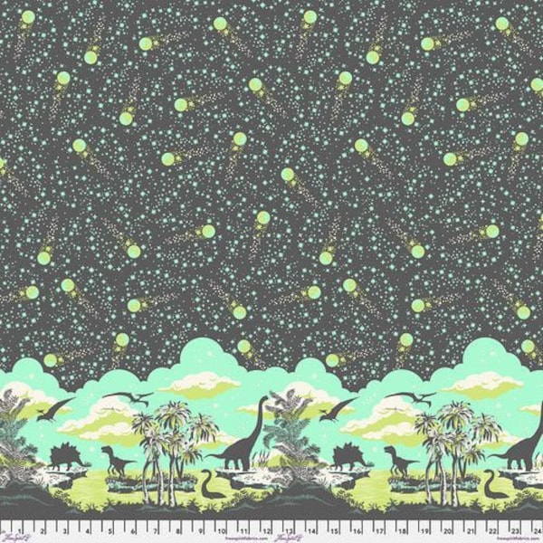 22,50/m, Baumwollstoff TULA PINK - ROAR - "Meteor Shower - Storm", Dinos und Meteoritenschauer, anthrazit, grün, mint