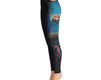 Watercolor Turtle in Water Girls High Waist Yoga Pants Quick-Dry Legging Fitness Leggings