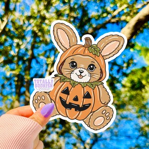 May include: A die-cut sticker featuring a brown bunny wearing an orange pumpkin costume with a jack-o'-lantern face. The bunny has large eyes and a small tongue visible. The text "TOTALLY BOOKISH Bestie" is printed in purple on the left side.