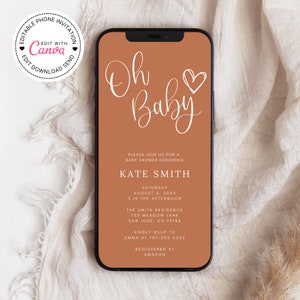 Oh Baby Electronic Invitation | Terracotta Baby Shower Evite | Editable Baby Shower Invitation | Minimalist Baby Shower Mobile Invitation