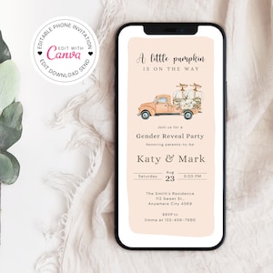A little pumpkin is on the way evite, Fall Gender Reveal Digital Invitation, Editable gender Reveal Evite, Boy or Girl Canva Invitation