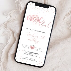 Onederful Birthday Text Invitation Template, Rainbow 1st Birthday Evite, Editable First Bday Mobile  Invitation, Pink Rainbow Baby Invite