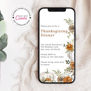 Thanksgiving Dinner Evite Template, Floral Thanksgiving Invitation, Thanksgiving Party Digital Invitation, Fall Invitation Template, canva