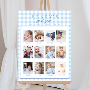 Plantilla de póster imprimible del primer año del bebé, cartel de collage de fotos de primer cumpleaños con cuadros azules, tablero con imágenes del año del bebé, decoración de cumpleaños azul