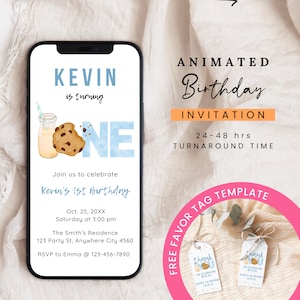 First Birthday Video Invitation, Milk and Cookie 1st Birthday, Cookie First Birthday, Animated Invitation, Free Favor Tag Template, Evite