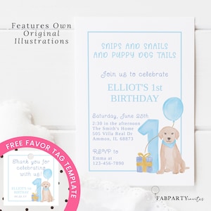Puppy First Birthday Printable Invite, Boy 1st Birthday Party, Pawty Invitation, Editable Invite Template, Puppy Dog Tails  5x7 Invite
