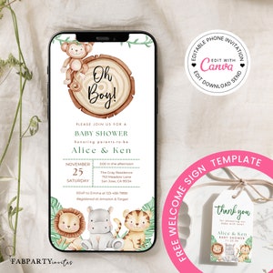 Invitation numérique Safari Baby Shower, Evite de baby shower dans la jungle, Invitation électronique Oh Boy, Invitation modifiable sur toile, c&#39;est une baby shower de garçon