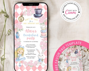 Alice in Wonderland Birthday Phone Invitation Template, Onederland Party Text Invite, Editable Pink 1st Birthday Electronic Invitation