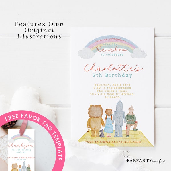 Wizard of Oz Birthday Invitation, Watercolor Wizard Printable Invitation, Yellow Brick Road Invite, Kids Birthday Editable Invite