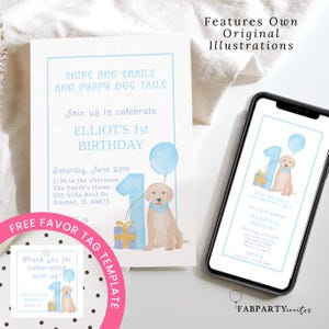 Snips and Snails Invitation Template, Puppy First Birthday Invite, Boy 1st Birthday Mobile Invitation, Editable Invite, Watercolor Puppy
