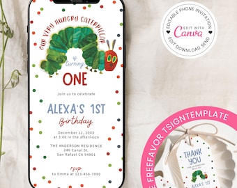 Very Hungry Caterpillar 1st Birthday Phone Invitation (Editable Canva Template)