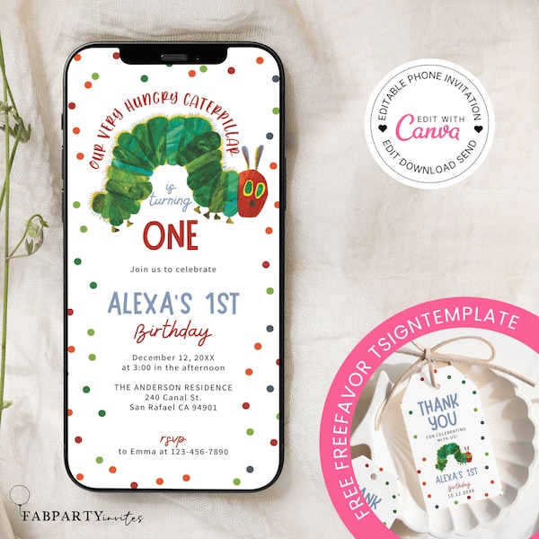 Very Hungry Caterpillar Birthday Phone Invitation, First Birthday Invitation Gender Neutral, Polkadots Mobile Invite, Editable SMS Invite