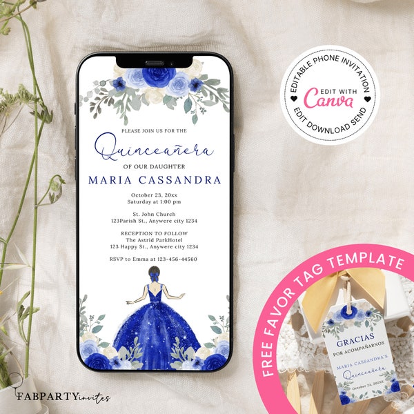 Royal Blue Quinceanera Invitation by Text, Sweet 15 Birthday Electronic Invitation, Editable Invite, Quinceañera Evite, Blue Princess Evite