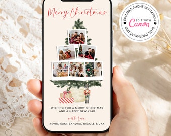 Digital Christmas Card Template, Holiday Greeting Card for Phone, Family Photo Card, Christmas eCard, Editble Canva Template, Paperless