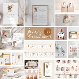 Beary 1st Birthday Invitation Bundle, Teddy Bear First Birthday Bundle Template, Bear 1st Bday Party Kit, Neutral Printable Decorations