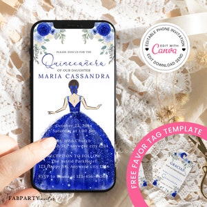 Quinceanera elektronische Einladung Vorlage, Königsblau Quinceañaera digitale Einladung, Quitte einladen Vorlage, süße 15 Geburtstag einladen