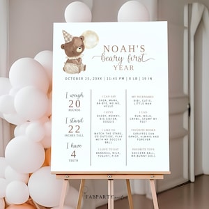 Primer signo de hito de cumpleaños, plantilla de signo de cumpleaños de hito de bebé de primer cumpleaños de Beary, fiesta de oso de tablero de hitos, cartel de mi primer año