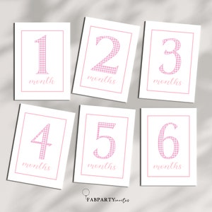 Cartes jalons Vichy rose imprimables, jalons mensuels pour fille, carte jalon 12 mois 5 x 7 po, cadeau de baby shower, accessoires photo pour le mois de bébé
