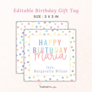 Geburtstag Geschenkanhänger für Kinder, druckbare Regenbogen Punkte alles Gute zum Geburtstag Geschenkanhänger, benutzerdefinierte quadratische Geschenkanhängervorlage, personalisierter Geschenkanhänger