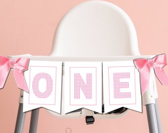 Pink Gingham One High Chair Banner, Printable Pink Highchair Garland, Watercolor Gingham One Bunting Banner, Girl 1st Birthday Decorations