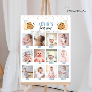 Plantilla de póster imprimible del primer año del bebé, cartel de cumpleaños importante, cartel de collage de fotos del primer cumpleaños, cartel de cumpleaños con leche y galletas
